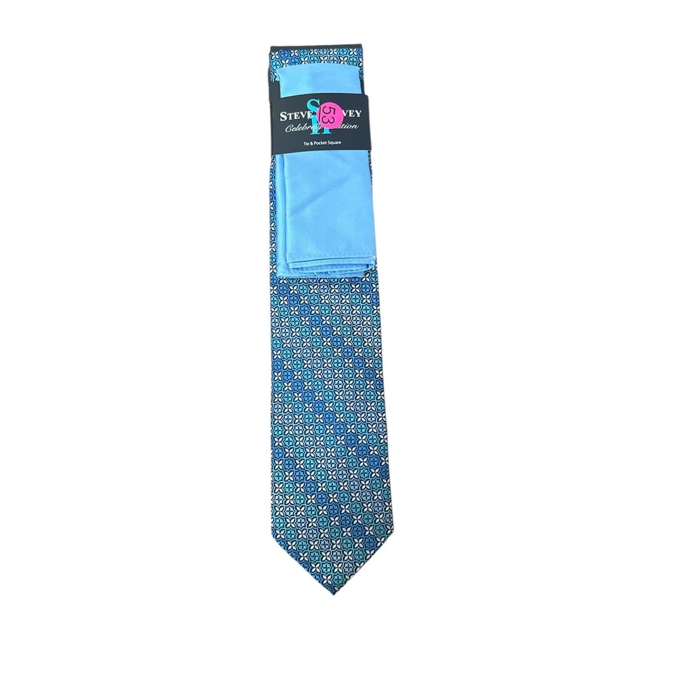 Steve Harvey Tie &‎ pocket Square NWT Celebrity Edition Blue Teal Wedding HOCO